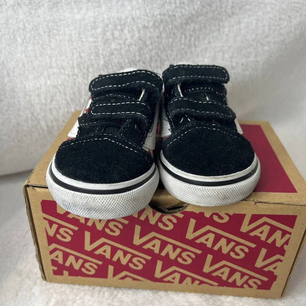 Toddler Vans Old Skool V Crib Shoes Red Checkerboard Black Suede Size 2‎